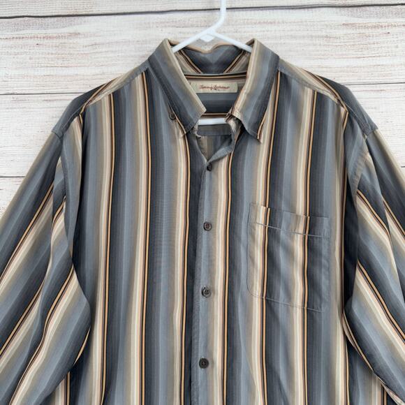 Tommy Bahama Silk Striped Long Sleeve Button Down Shirt Men's XL Blue/Beige/Gray - Picture 3 of 15